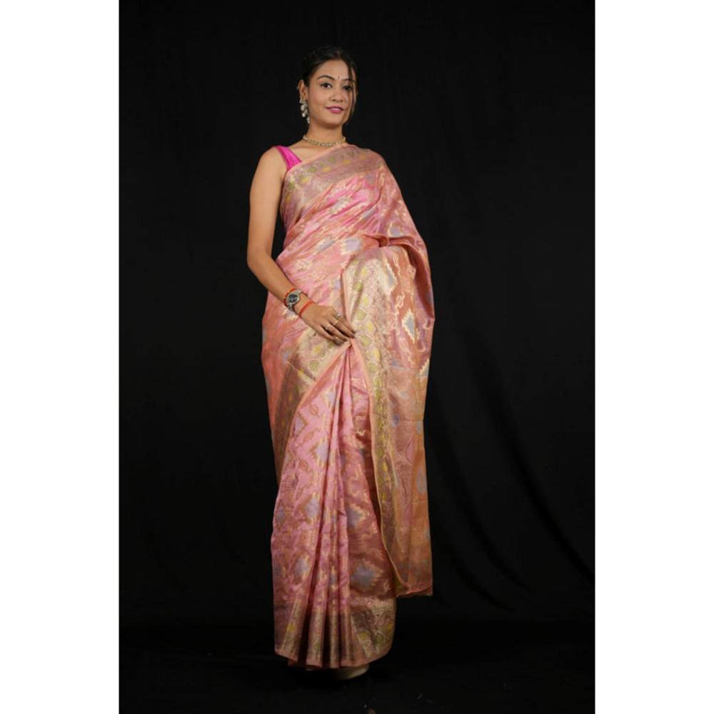 Isadora Life Womens Woven Zari Pink Pre-Draped Saree With Unstitched Blouse