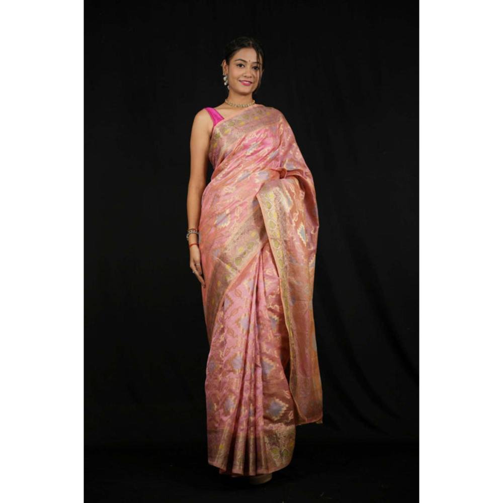 Isadora Life Womens Woven Zari Pink Pre-Draped Saree With Unstitched Blouse