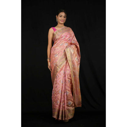 Isadora Life Womens Woven Zari Pink Pre-Draped Saree With Unstitched Blouse