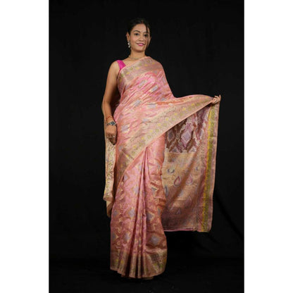 Isadora Life Womens Woven Zari Pink Pre-Draped Saree With Unstitched Blouse