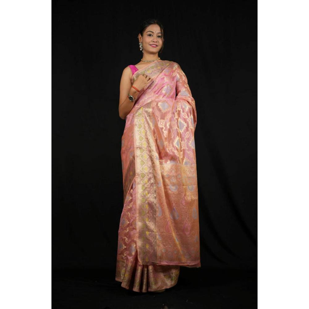 Isadora Life Womens Woven Zari Pink Pre-Draped Saree With Unstitched Blouse