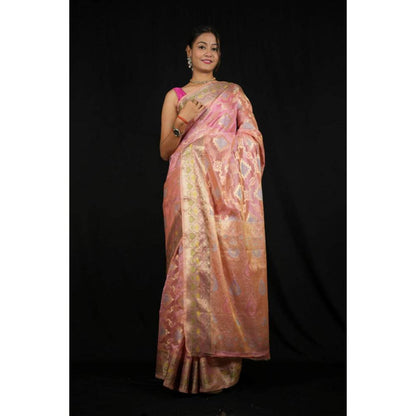 Isadora Life Womens Woven Zari Pink Pre-Draped Saree With Unstitched Blouse