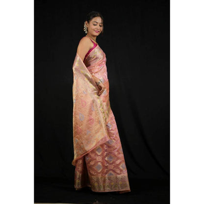 Isadora Life Womens Woven Zari Pink Pre-Draped Saree With Unstitched Blouse