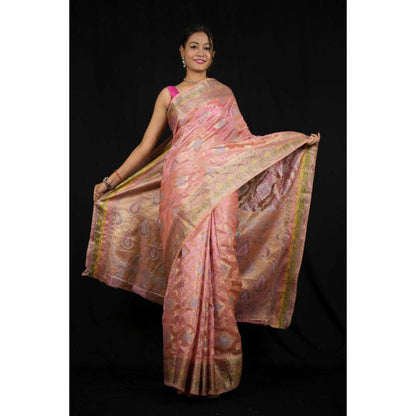 Isadora Life Womens Woven Zari Pink Pre-Draped Saree With Unstitched Blouse