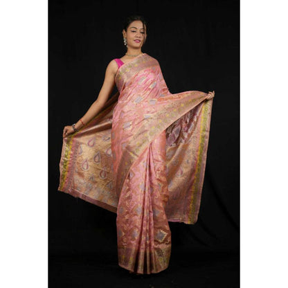 Isadora Life Womens Woven Zari Pink Pre-Draped Saree With Unstitched Blouse