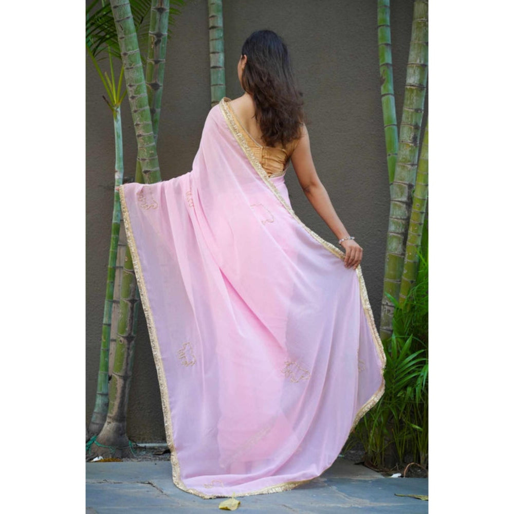 Isadora Life Womens Sequined Lace Work Pink Pre-Draped Saree With Unstitched Blouse