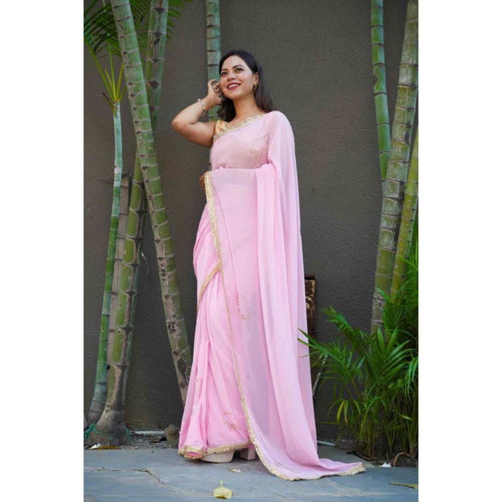 Isadora Life Womens Sequined Lace Work Pink Pre-Draped Saree With Unstitched Blouse