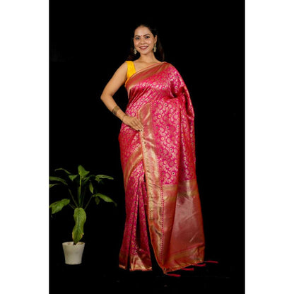Isadora Life Womens Woven Zari Pink Pre-Draped Saree With Unstitched Blouse