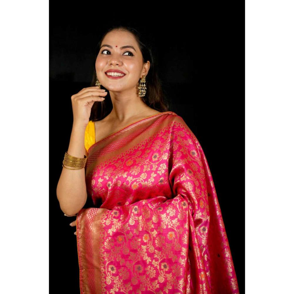 Isadora Life Womens Woven Zari Pink Pre-Draped Saree With Unstitched Blouse