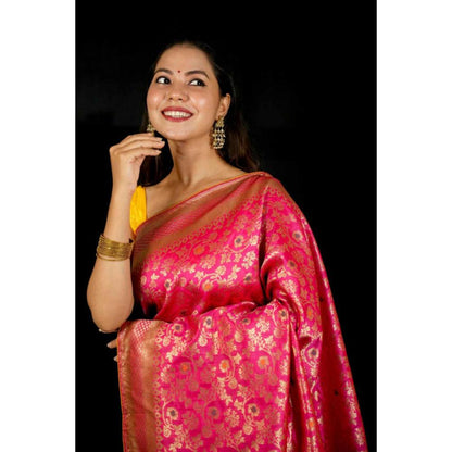 Isadora Life Womens Woven Zari Pink Pre-Draped Saree With Unstitched Blouse