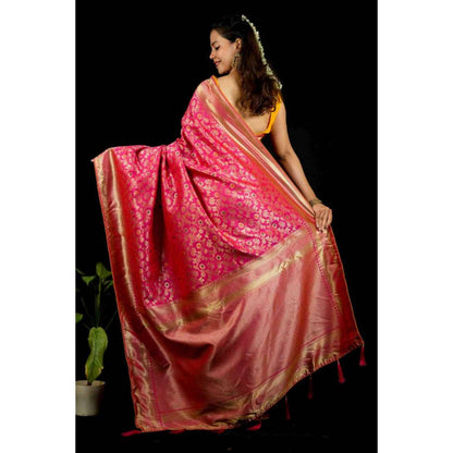 Isadora Life Womens Woven Zari Pink Pre-Draped Saree With Unstitched Blouse