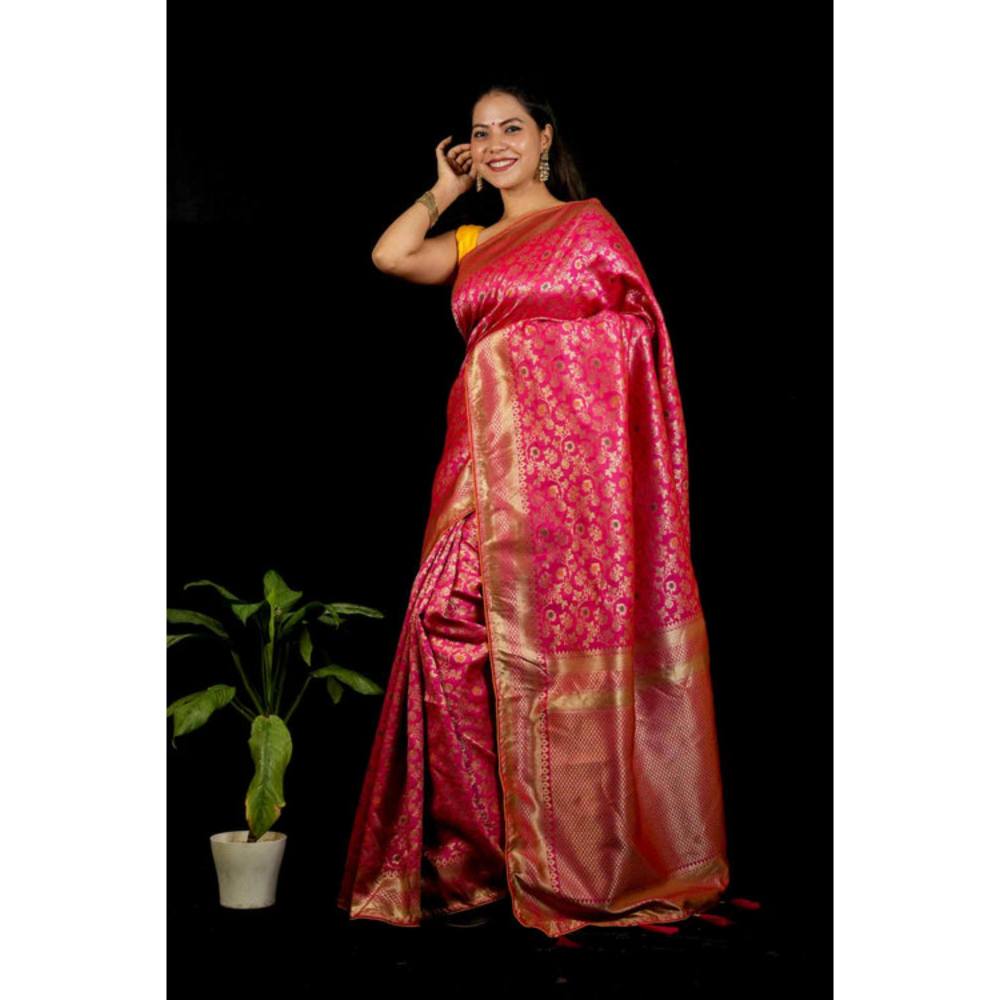 Isadora Life Womens Woven Zari Pink Pre-Draped Saree With Unstitched Blouse