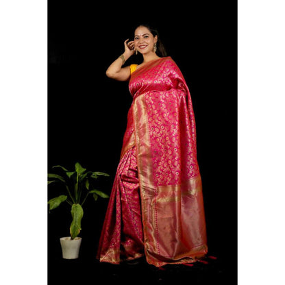 Isadora Life Womens Woven Zari Pink Pre-Draped Saree With Unstitched Blouse