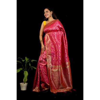 Isadora Life Womens Woven Zari Pink Pre-Draped Saree With Unstitched Blouse
