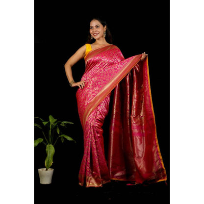 Isadora Life Womens Woven Zari Pink Pre-Draped Saree With Unstitched Blouse