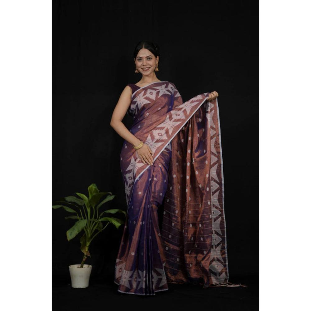 Isadora Life Womens Woven Tassels Purple Pre-Draped Saree With Unstitched Blouse