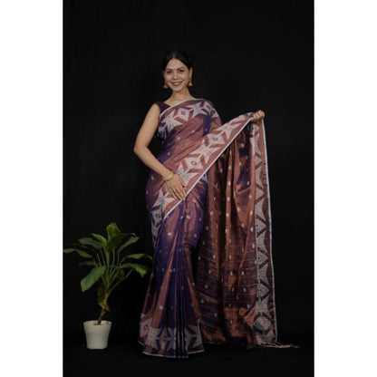 Isadora Life Womens Woven Tassels Purple Pre-Draped Saree With Unstitched Blouse