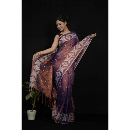 Isadora Life Womens Woven Tassels Purple Pre-Draped Saree With Unstitched Blouse
