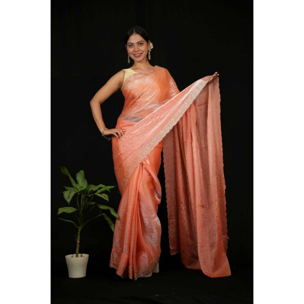 Isadora Life Womens Sequined Orange Pre-Draped Saree With Unstitched Blouse