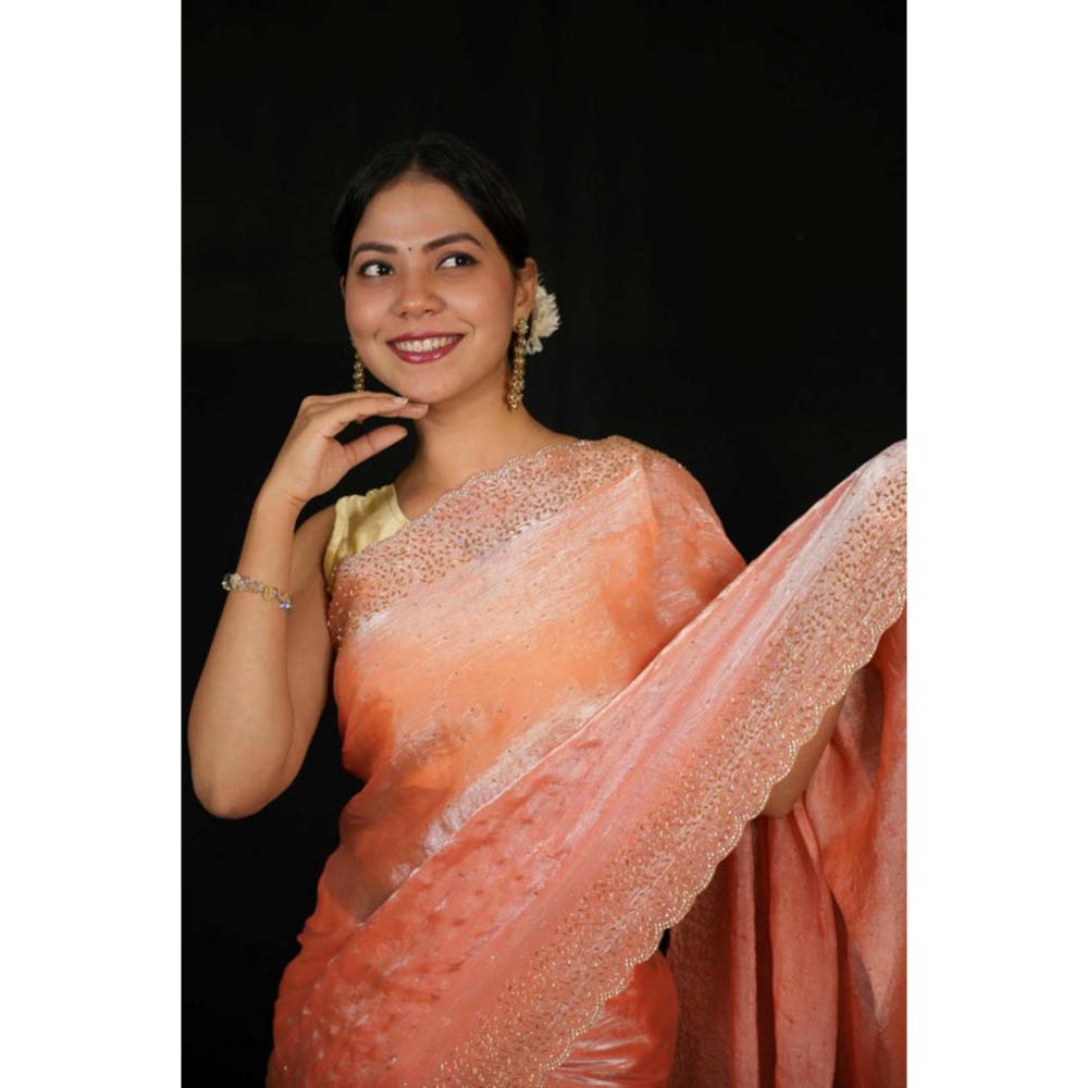 Isadora Life Womens Sequined Orange Pre-Draped Saree With Unstitched Blouse