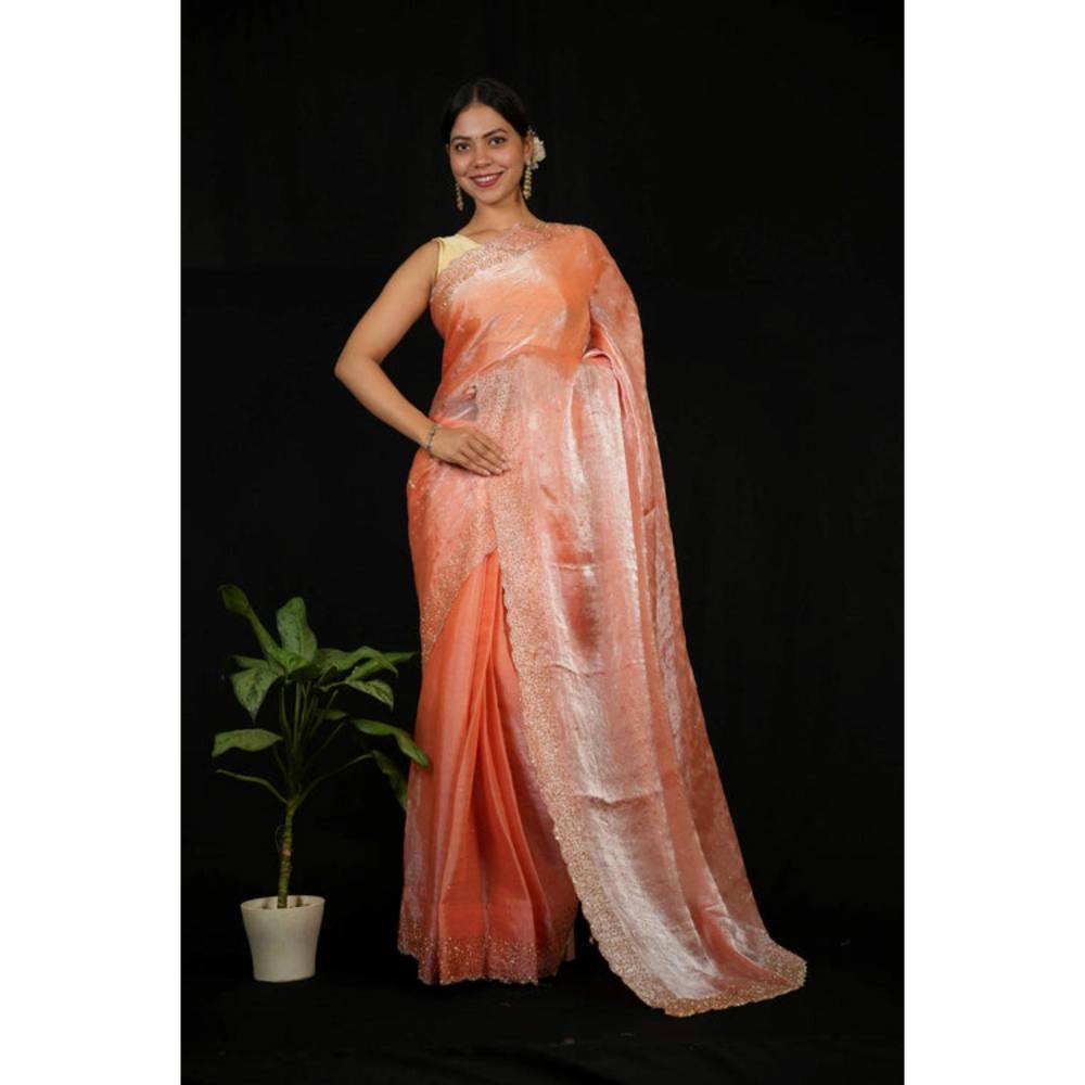 Isadora Life Womens Sequined Orange Pre-Draped Saree With Unstitched Blouse