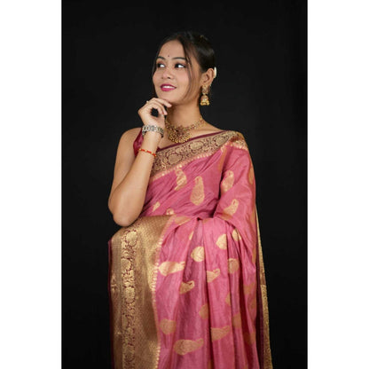 Isadora Life Womens Paisley Zari Pink Pre-Draped Saree With Unstitched Blouse
