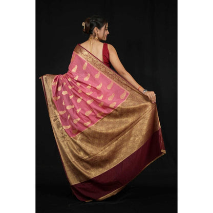 Isadora Life Womens Paisley Zari Pink Pre-Draped Saree With Unstitched Blouse