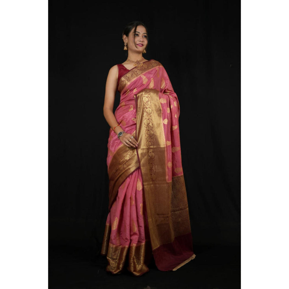 Isadora Life Womens Paisley Zari Pink Pre-Draped Saree With Unstitched Blouse