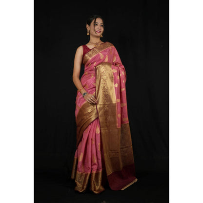 Isadora Life Womens Paisley Zari Pink Pre-Draped Saree With Unstitched Blouse