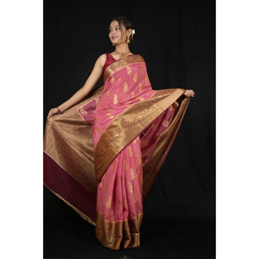 Isadora Life Womens Paisley Zari Pink Pre-Draped Saree With Unstitched Blouse