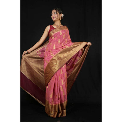 Isadora Life Womens Paisley Zari Pink Pre-Draped Saree With Unstitched Blouse