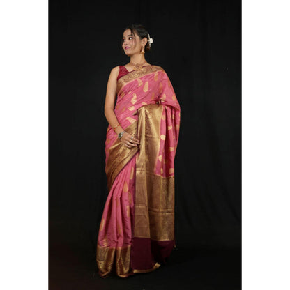 Isadora Life Womens Paisley Zari Pink Pre-Draped Saree With Unstitched Blouse