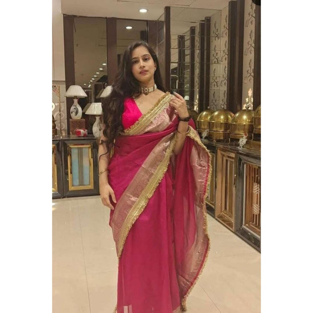 Isadora Life Womens Woven Zari Pink Pre-Draped Saree With Unstitched Blouse