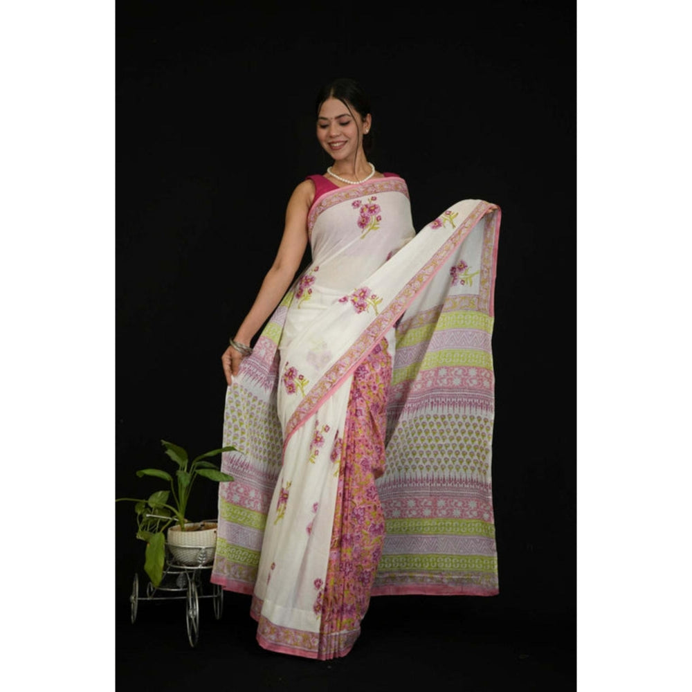 Isadora Life Womens Floral Hand Block White Pre-Draped Saree With Unstitched Blouse
