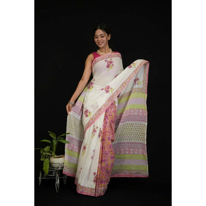 Isadora Life Womens Floral Hand Block White Pre-Draped Saree With Unstitched Blouse