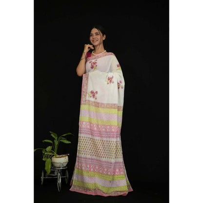 Isadora Life Womens Floral Hand Block White Pre-Draped Saree With Unstitched Blouse