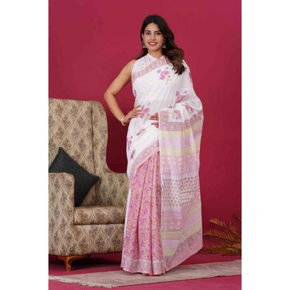 Isadora Life Womens Floral Hand Block White Pre-Draped Saree With Unstitched Blouse