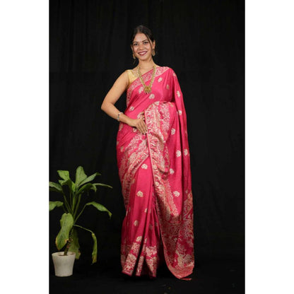 Isadora Life Womens Woven Zari Pink Pre-Draped Saree With Unstitched Blouse