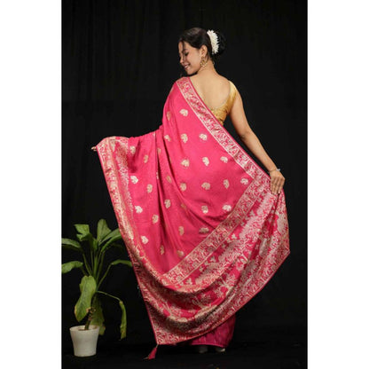 Isadora Life Womens Woven Zari Pink Pre-Draped Saree With Unstitched Blouse