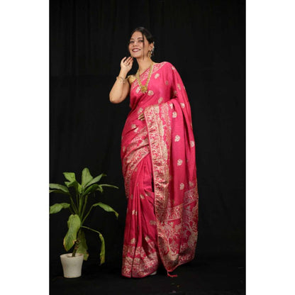Isadora Life Womens Woven Zari Pink Pre-Draped Saree With Unstitched Blouse