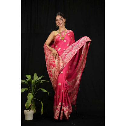 Isadora Life Womens Woven Zari Pink Pre-Draped Saree With Unstitched Blouse