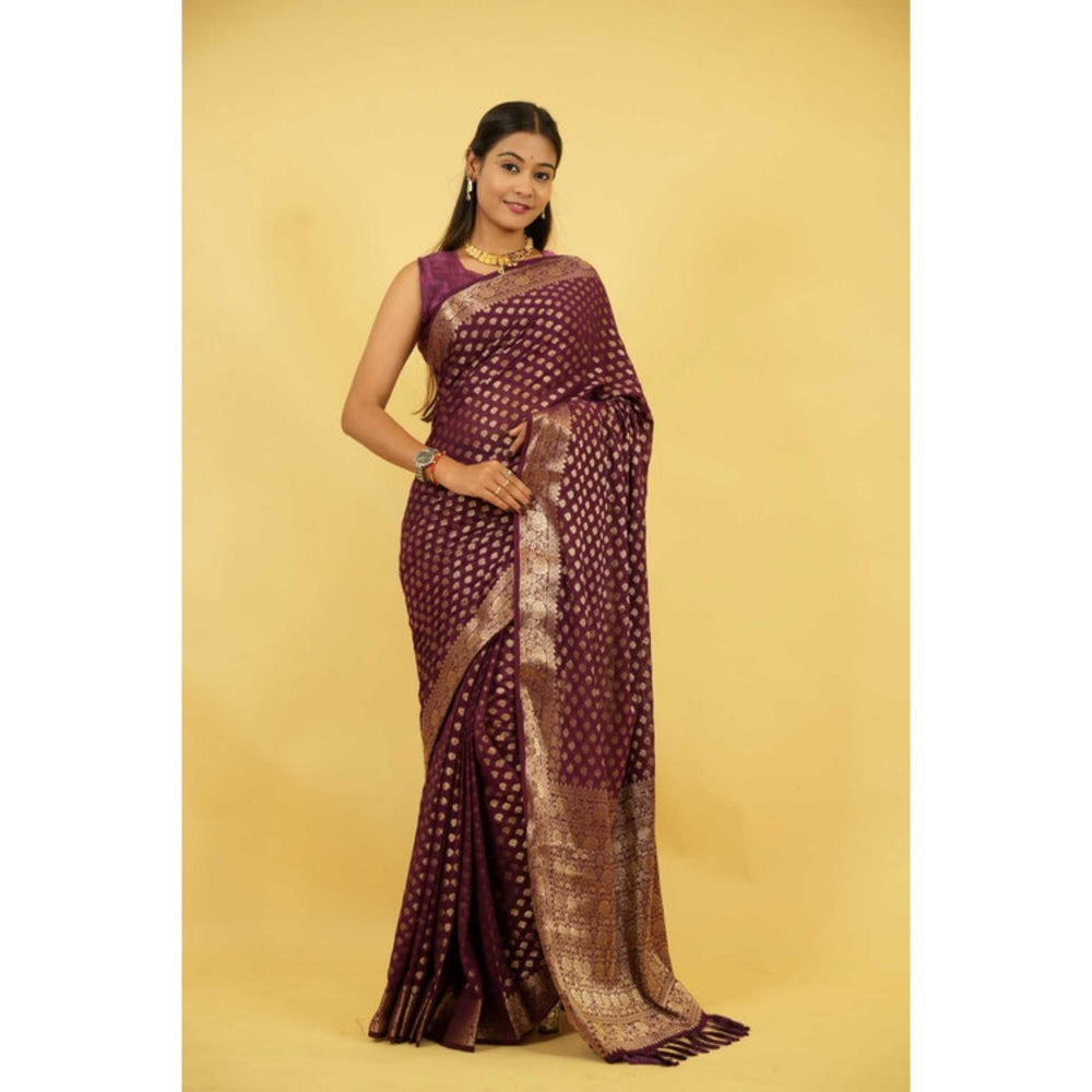 Isadora Life Womens Woven Zari Purple Pre-Draped Saree With Unstitched Blouse