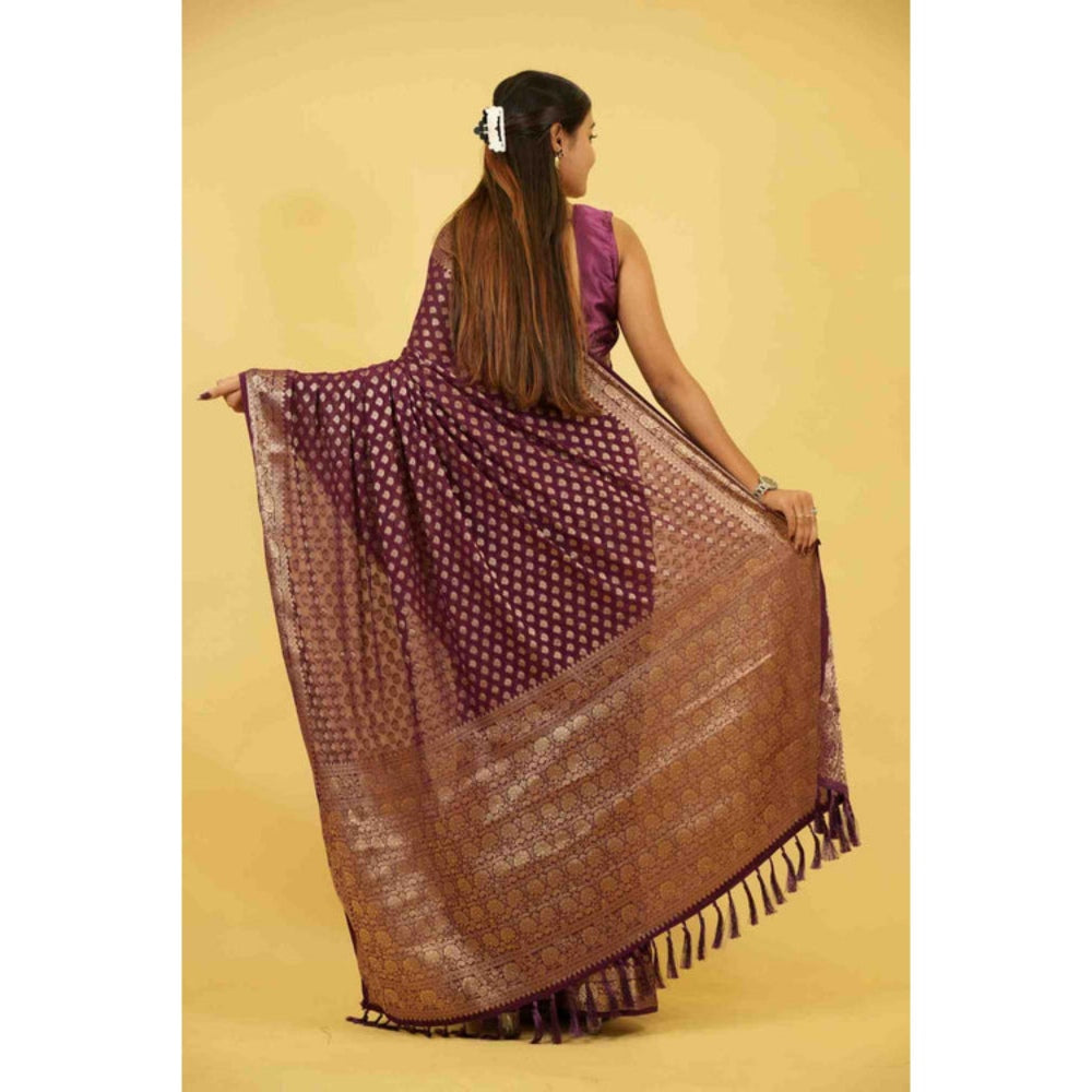 Isadora Life Womens Woven Zari Purple Pre-Draped Saree With Unstitched Blouse