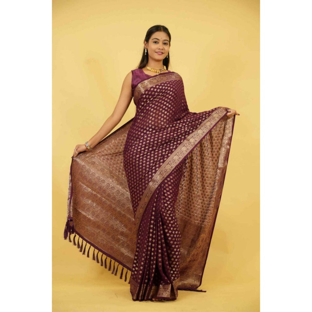 Isadora Life Womens Woven Zari Purple Pre-Draped Saree With Unstitched Blouse