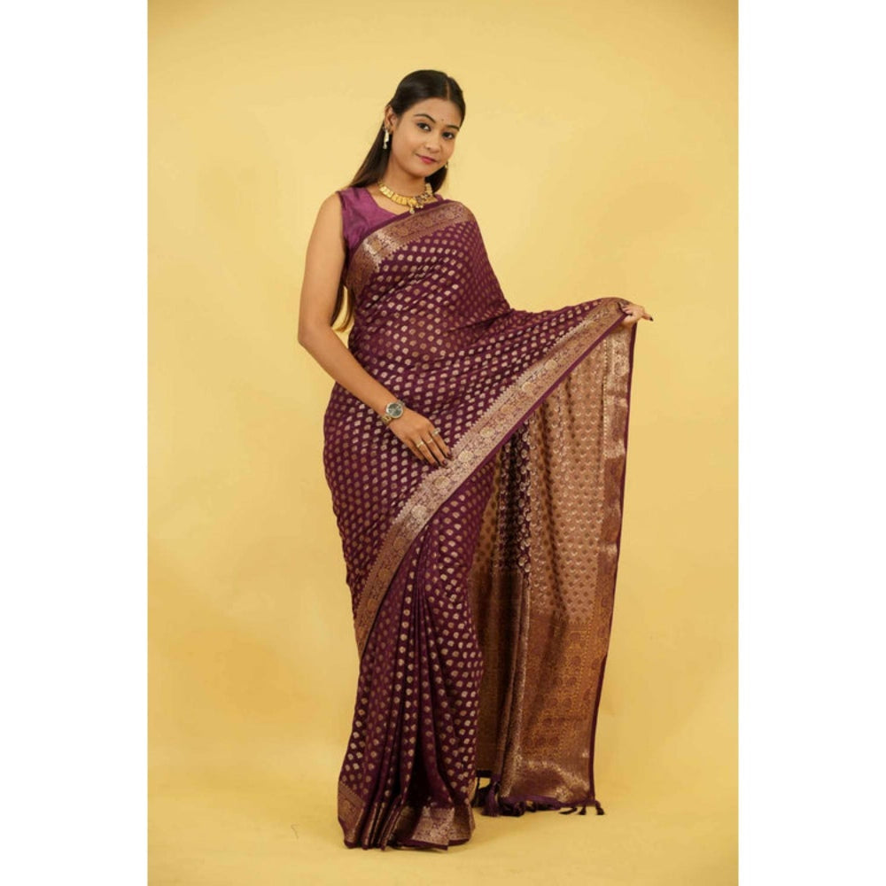 Isadora Life Womens Woven Zari Purple Pre-Draped Saree With Unstitched Blouse