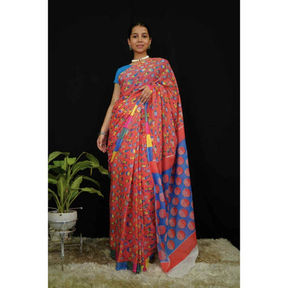 Isadora Life Womens Block Print Red Pre-Draped Saree With Unstitched Blouse