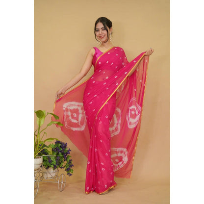 Isadora Life Womens Bandhani Printed Pink Pre-Draped Saree With Unstitched Blouse