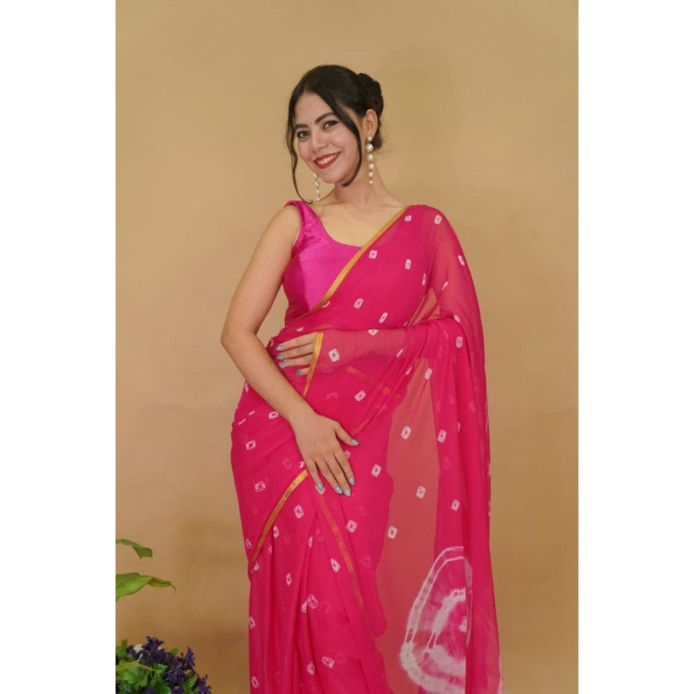 Isadora Life Womens Bandhani Printed Pink Pre-Draped Saree With Unstitched Blouse