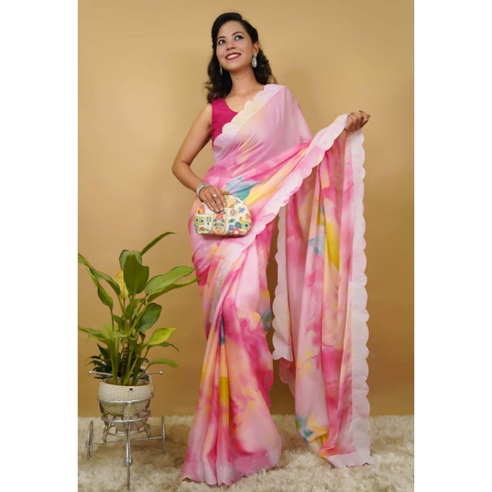 Isadora Life Womens Tie & Dye Sequined Pink Pre-Draped Saree With Unstitched Blouse