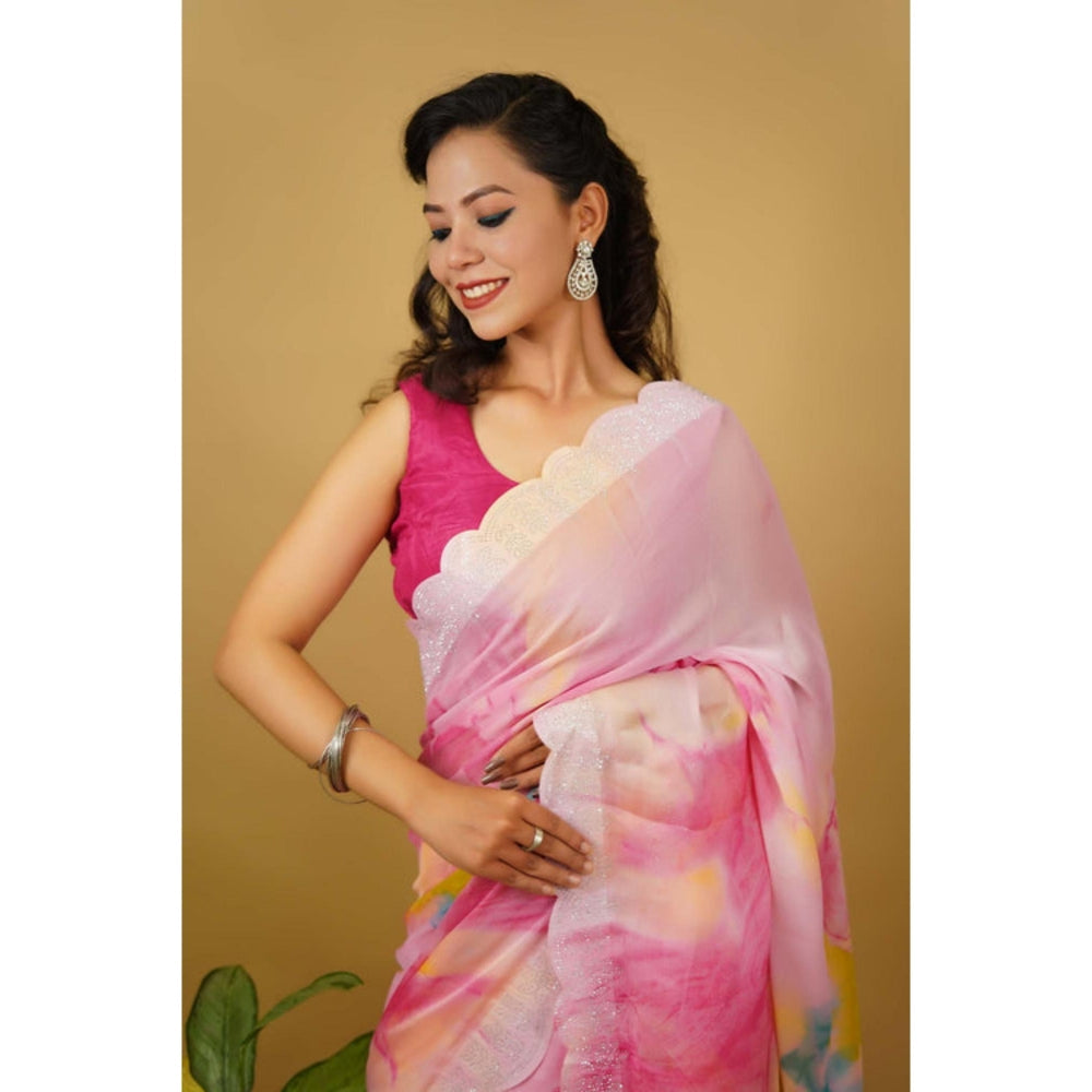 Isadora Life Womens Tie & Dye Sequined Pink Pre-Draped Saree With Unstitched Blouse
